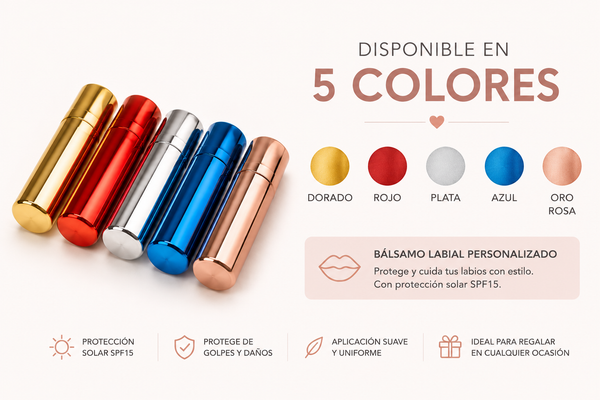 Bálsamo labial personalizado disponible en seis colores: oro, rojo, plata, azul claro, azul y oro rosa.