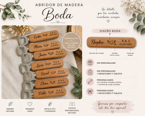 Abrebotellas de madera personalizado para bodas, comuniones y bautizos con grabado láser, nombre de los invitados y tarjeta personalizada.