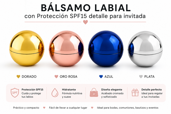 Bálsamo labial con protección SPF15 disponible en colores dorado, oro rosa, azul y plata.