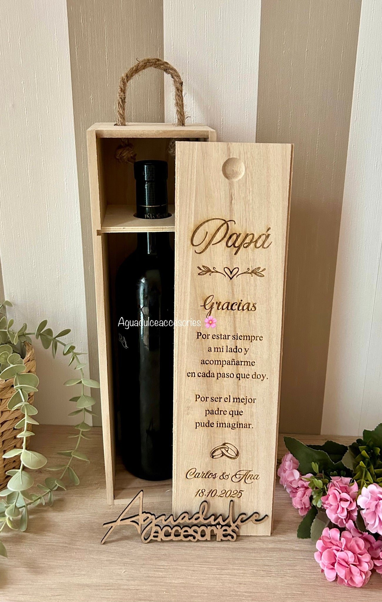 Caja de vino personalizada de madera grabada a láser Aguadulceaccesories