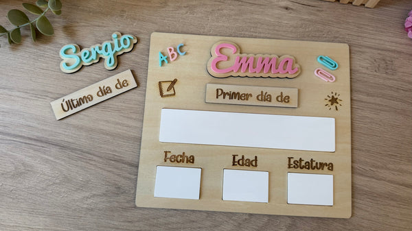 Letrero personalizado Mi Primer Día de Cole con nombre en madera y metacrilato