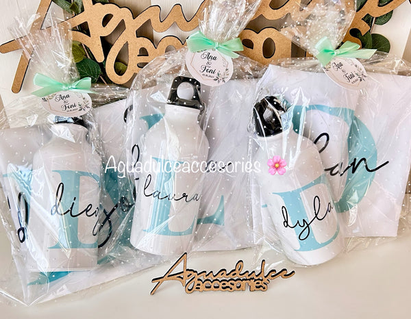 Pack de botella y mochila personalizada para niños, ideal como detalle de comunión o cumpleaños